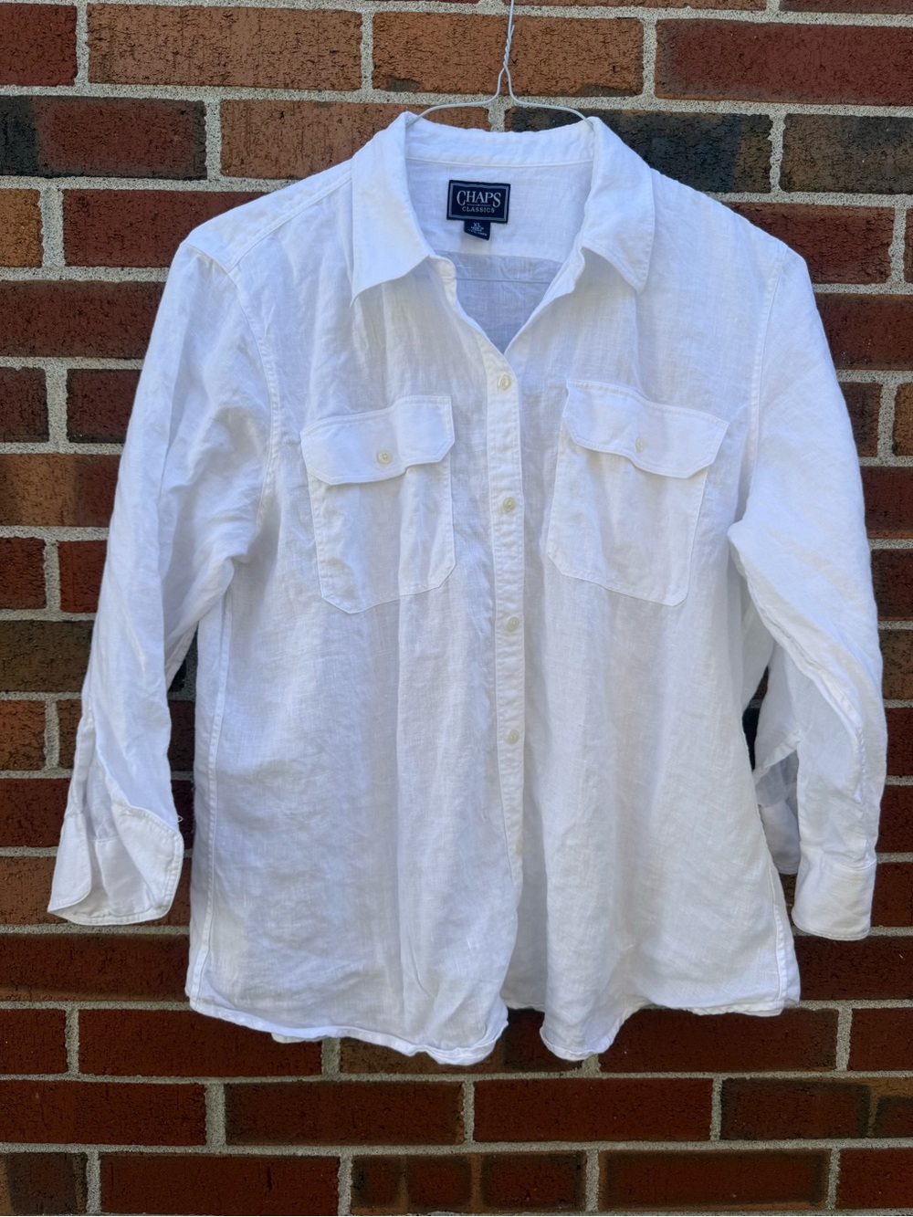 Chaps Classics White 100% Linen Button Front Shirt XL Roll Tab Sleeves
